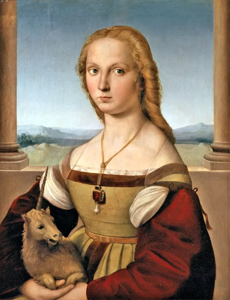 Raffaello Sanzio, La Dama col liocorno: giovane donna dai capelli biondi in abito rosso e verde, con un piccolo liocorno in grembo, davanti a una loggia aperta sul paesaggio