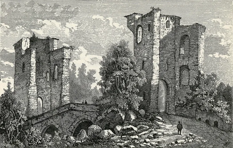 Incisione ottocentesca dei torrioni medievali e del Ponte di San Rocco sul Molgora